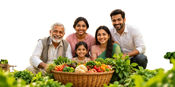 Family together with fresh harvest basket